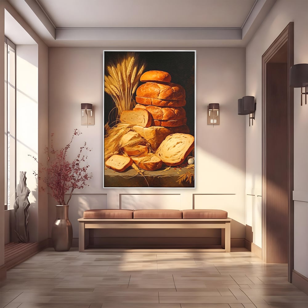 Tablou canvas cu natura moarta cu paine si grau, in rama de aluminiu argintiu